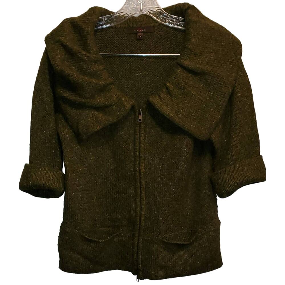 Fever Full Zip 3/4 Sleeve Wide Collar Dark Green Speckles Knit Sweater Medium